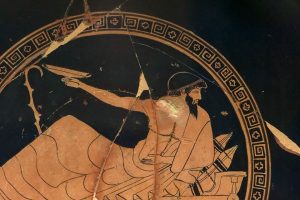 Simposiasta, su una kline impegnato a giocare al kottabos – Prodotto ad Atene dal pittore Douris - 500-450 a.C. - Da Chiusi